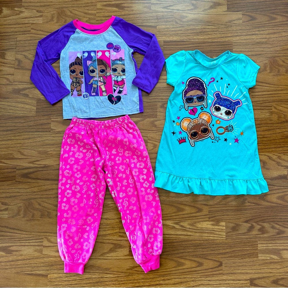 3pc LOL Surprise Girls Size 6 Long Sleeve Pajamas Set Short Sleeve Nightgown EUC